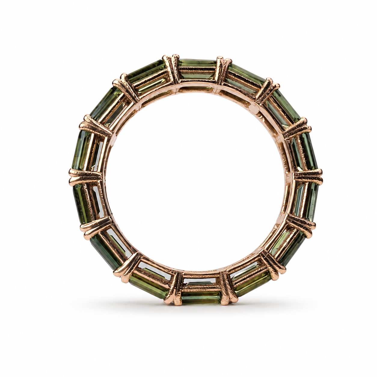 Green and teal sapphire eternity band featuring 5.09 carats of sapphires set continuously in 14K rose gold.