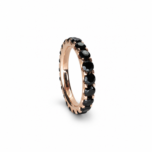 Full eternity band featuring 3.05 carats of round black diamonds set continuously in polished 14K rose gold.