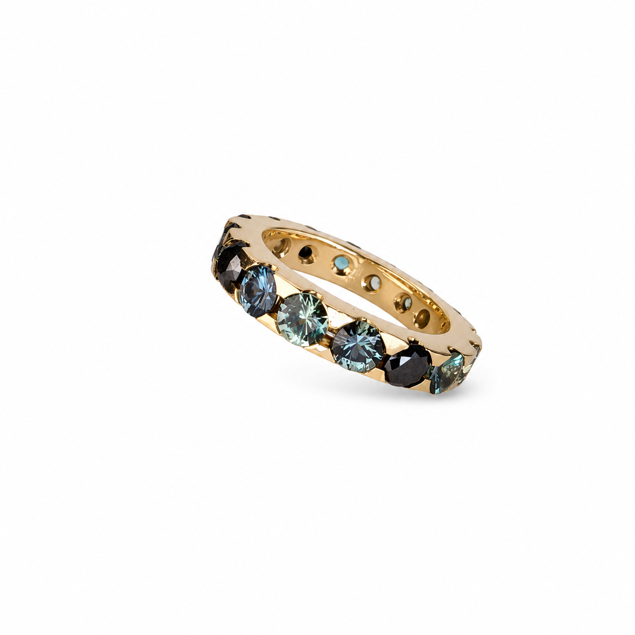 3.20ct Natural Teal Sapphire & Black Diamond Eternity Band in 14K Yellow Gold | Carbon & Gold